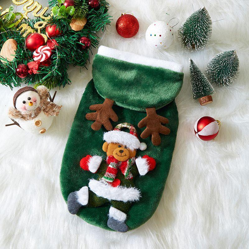 Christmas Dog Coat with Hood 3D Embroidery Red Green