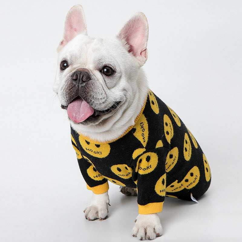 Maglione per Cani Modello Mook - Nero con Faccine Gialle Ricamate - Dog Moda