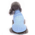 Gray poodle wearing a light blue cable knit sweater on a white background