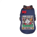 Navy blue dog jacket with colorful embroidered rabbit and Chinese-inspired design