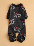 Black pet jumpsuit with red heart and white I love my Dad text print on beige background