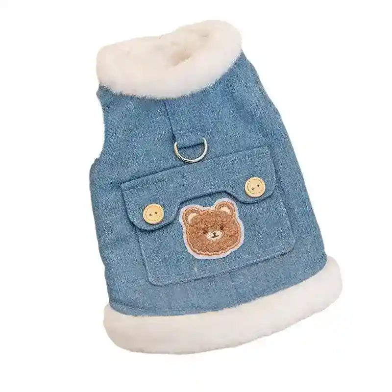 Gilet Pile Cani con Orsetto - Blu Jeans con Gancio Guinzaglio by Dog Moda