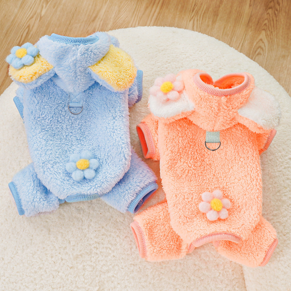 Tutina Pile Cane 4 Zampe con Cappuccio e Margherite