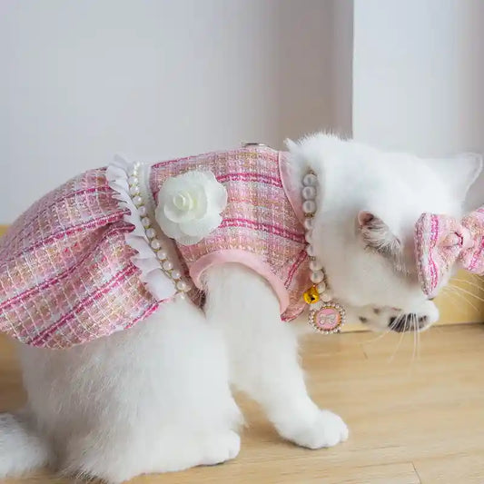 Vestito Gatti Fiocchetto Rosa - Abito Elegante Pettorina by Dog Moda