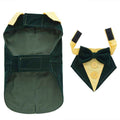 Green pinstripe dog tuxedo jacket with yellow collar and detachable bow tie with buttons