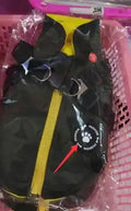 Black and yellow pet harness with zipper and double metal rings, size XS, packaged in clear plastic