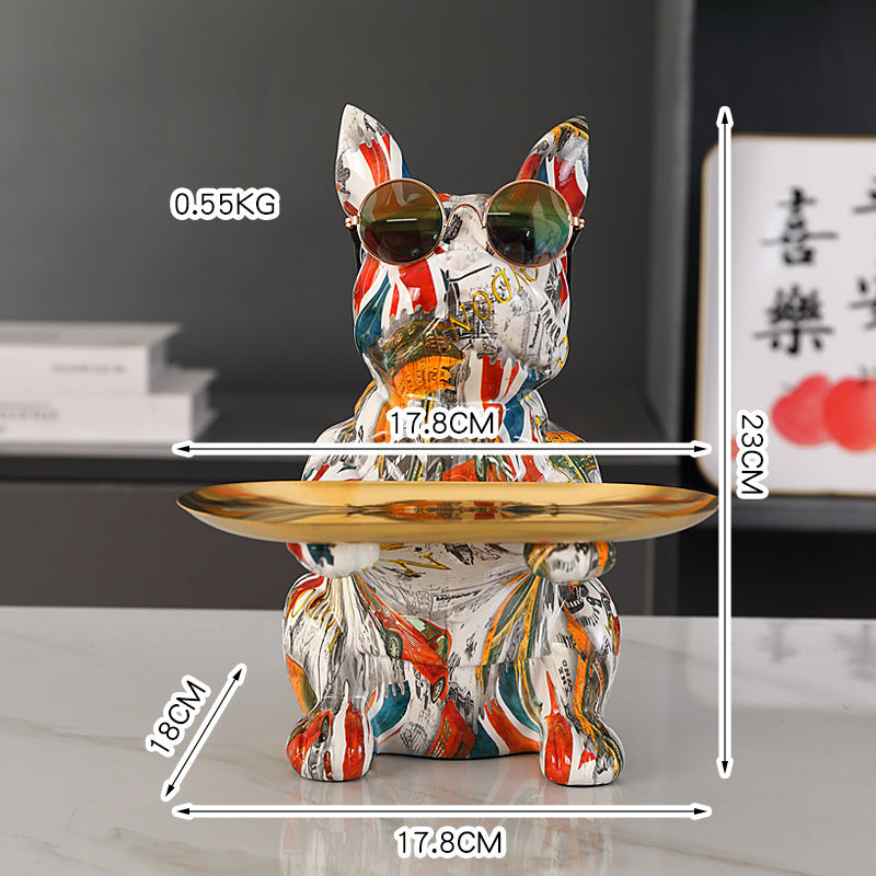 Statua Bulldog Francese in Ceramica con Piatto e Salvadanaio
