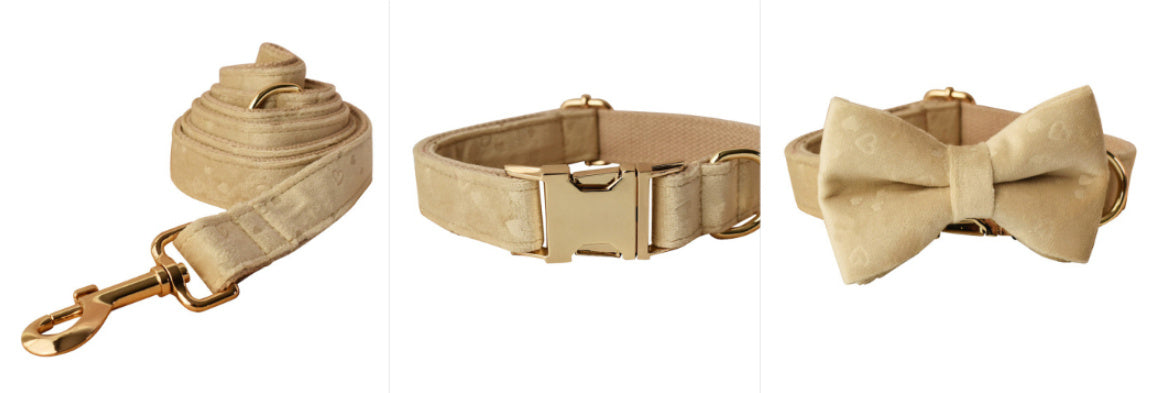 SoftElegance - Set Collare e Guinzaglio in Nylon Rivestito in Panno Color Panna con Papillon Removibile - Dog Moda