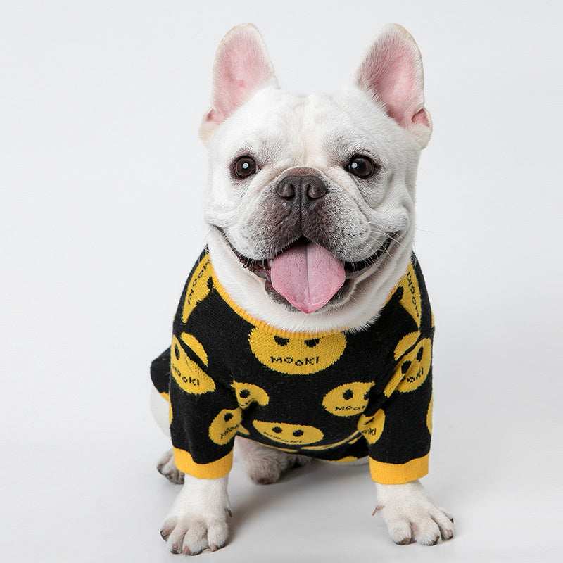 Maglione per Cani Modello Mook - Nero con Faccine Gialle Ricamate - Dog Moda