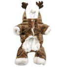 Brown and white plush pet costume with antlers, resembling a reindeer outfit for small dogs or cats