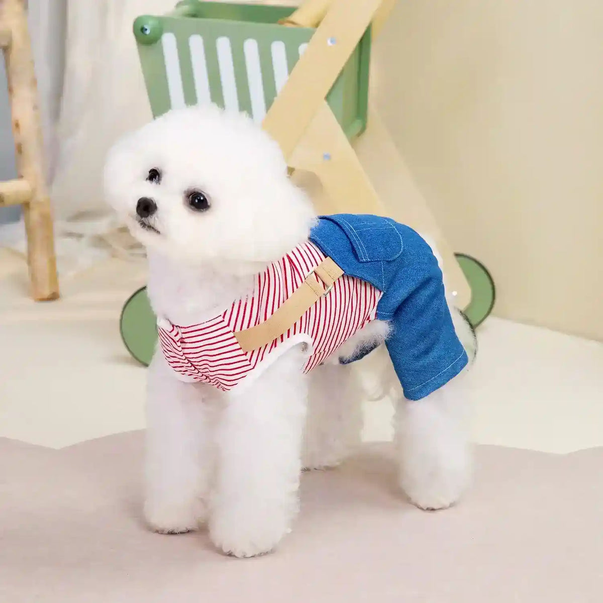 Tutina Cane con Bretelle - Maglietta Righe e Pantaloni Jeans by Dog Moda