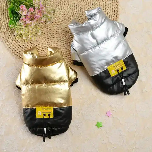 Metallic gold and silver dog jackets with black bottom panels and yellow labels on beige background