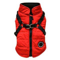 Red quilted dog harness vest with black adjustable straps and front zipper