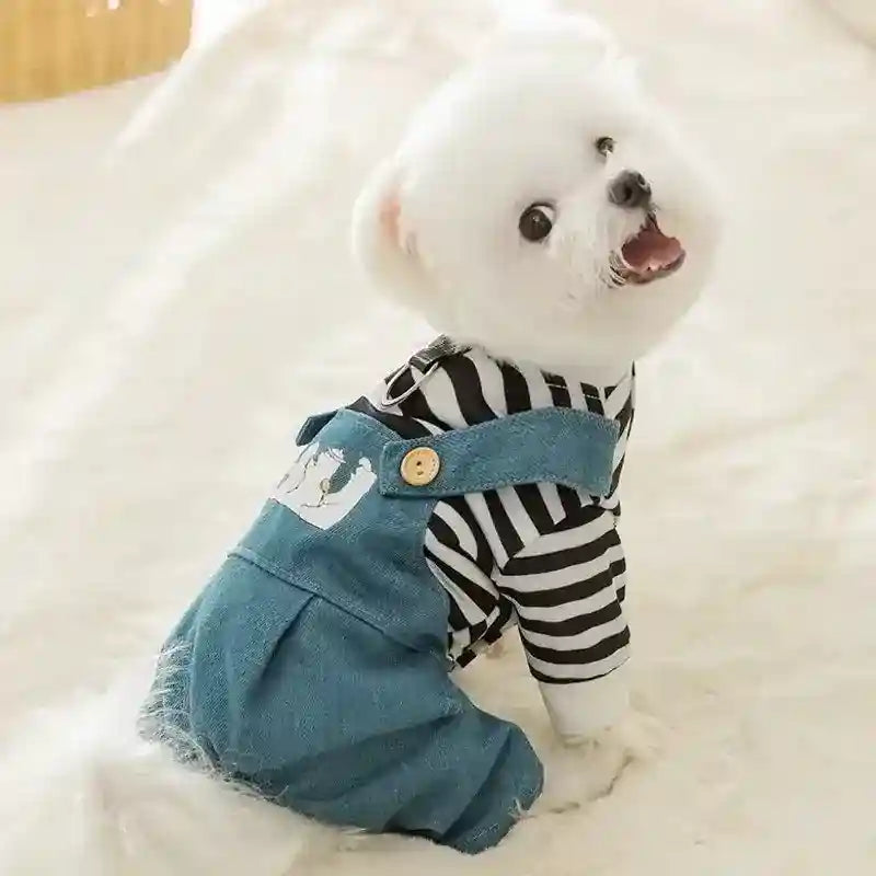 Salopette Jeans per Cani con Maglia a Righe - Tutina Cane by Dog Moda