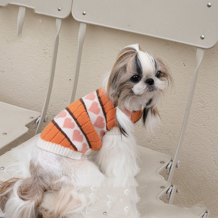 Shih Tzu Dog Sweater with Hearts - Orange Color