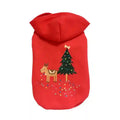 Red dog hoodie with Christmas tree and reindeer graphic decorated with colorful lights