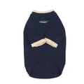 Navy blue knitted dog sweater with beige ribbed cuffs and neck, labeled Cheepet