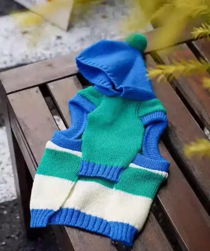 ピークスフード付き犬用セーター - 暖かいブルーストライプ