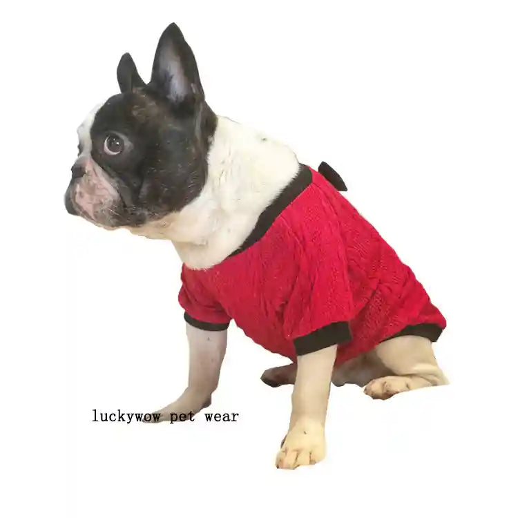 赤いリボン付き犬用セーター - 編み込みデザイン