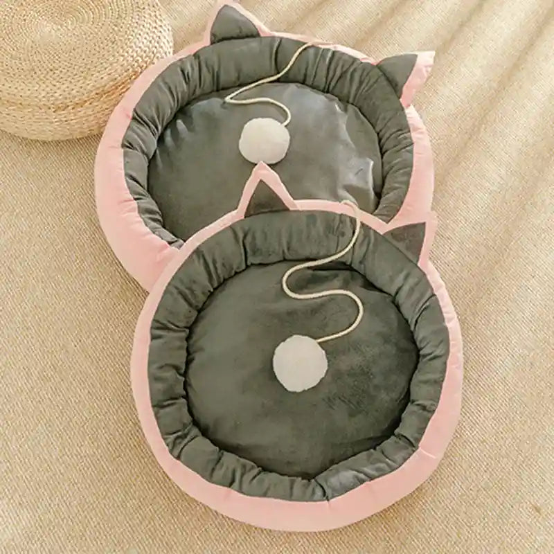 Round Cat Bed with Ears - Pom Pom Toy