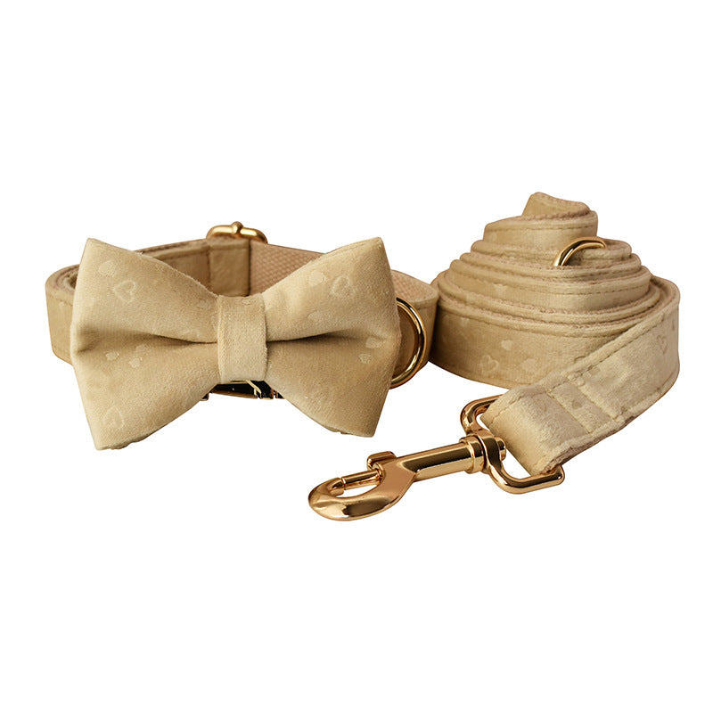 SoftElegance - Set Collare e Guinzaglio in Nylon Rivestito in Panno Color Panna con Papillon Removibile - Dog Moda