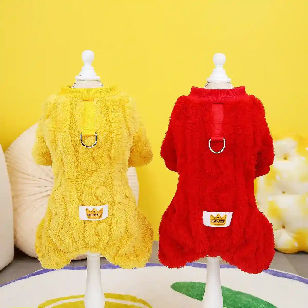 ダダグー犬用フリースつなぎ - リード付き4足パジャマ