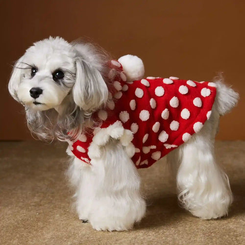 Cappottino rosso per cani "Towney Bear" con pois bianchi, cappuccio e chiusura a bottoni sul dorso, senza maniche, caldo e comodo.