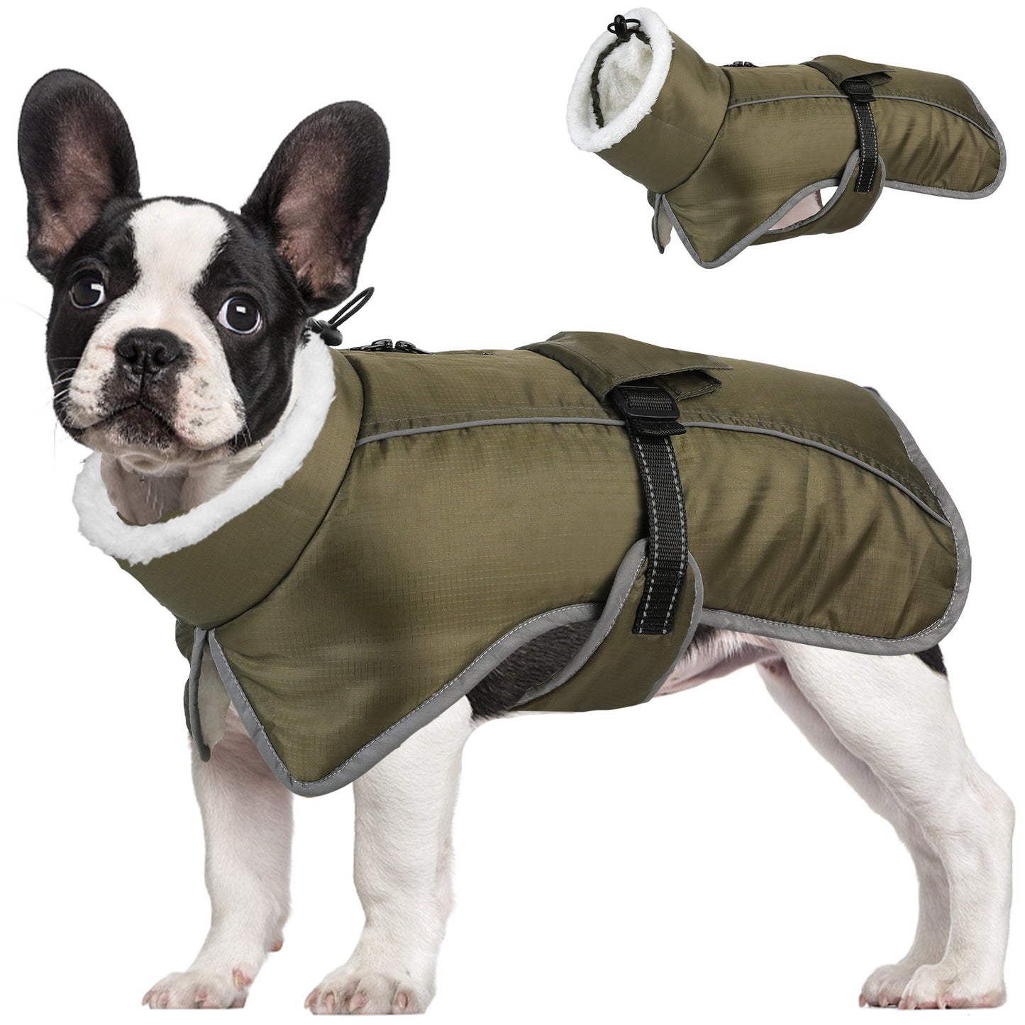 Cappotto per cani "Nuvola Calda" con pile bianco, chiusura rapida e inserti riflettenti.