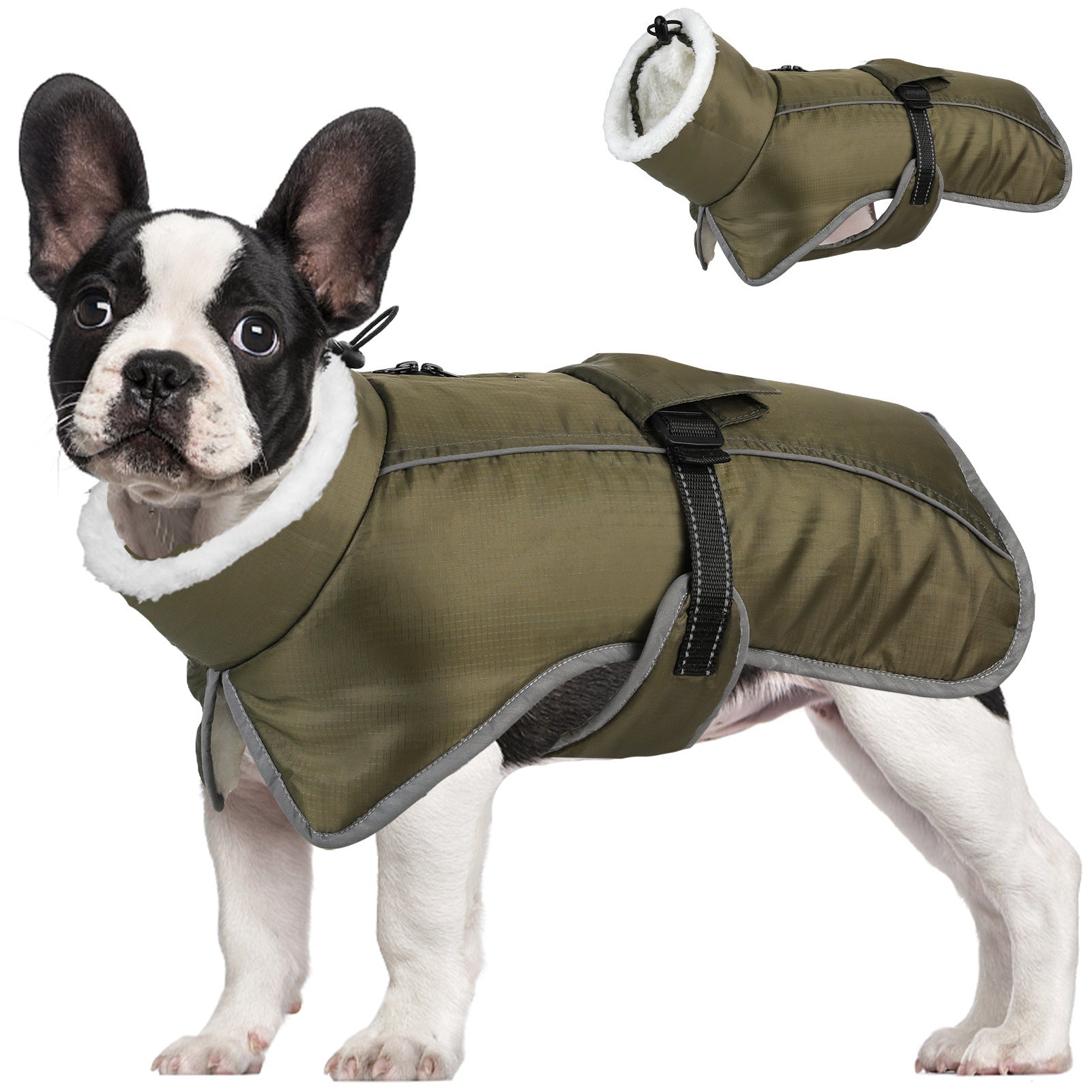 Cappotto per cani "Nuvola Calda" con pile bianco, chiusura rapida e inserti riflettenti.