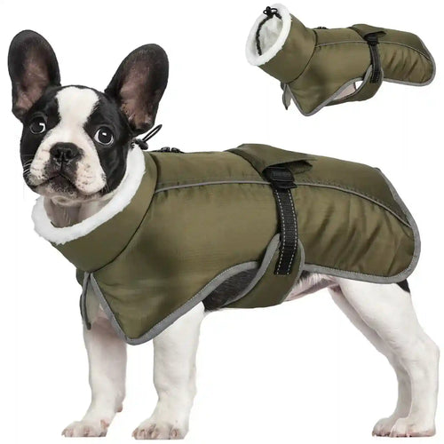 Cappotto per cani "Nuvola Calda" con pile bianco, chiusura rapida e inserti riflettenti.