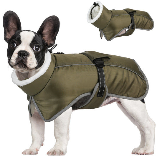 Cappotto per cani "Nuvola Calda" con pile bianco, chiusura rapida e inserti riflettenti.