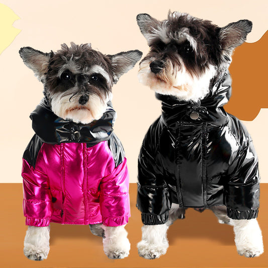 Cappotto per cani stile Moncler nero con cappuccio lucido