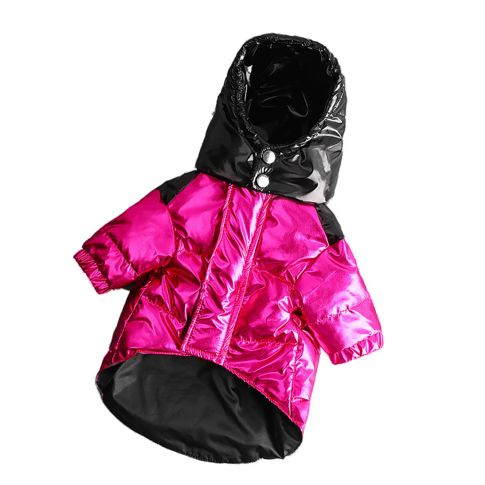 "Cappotto per cani stile Moncler rosa con cappuccio lucido"