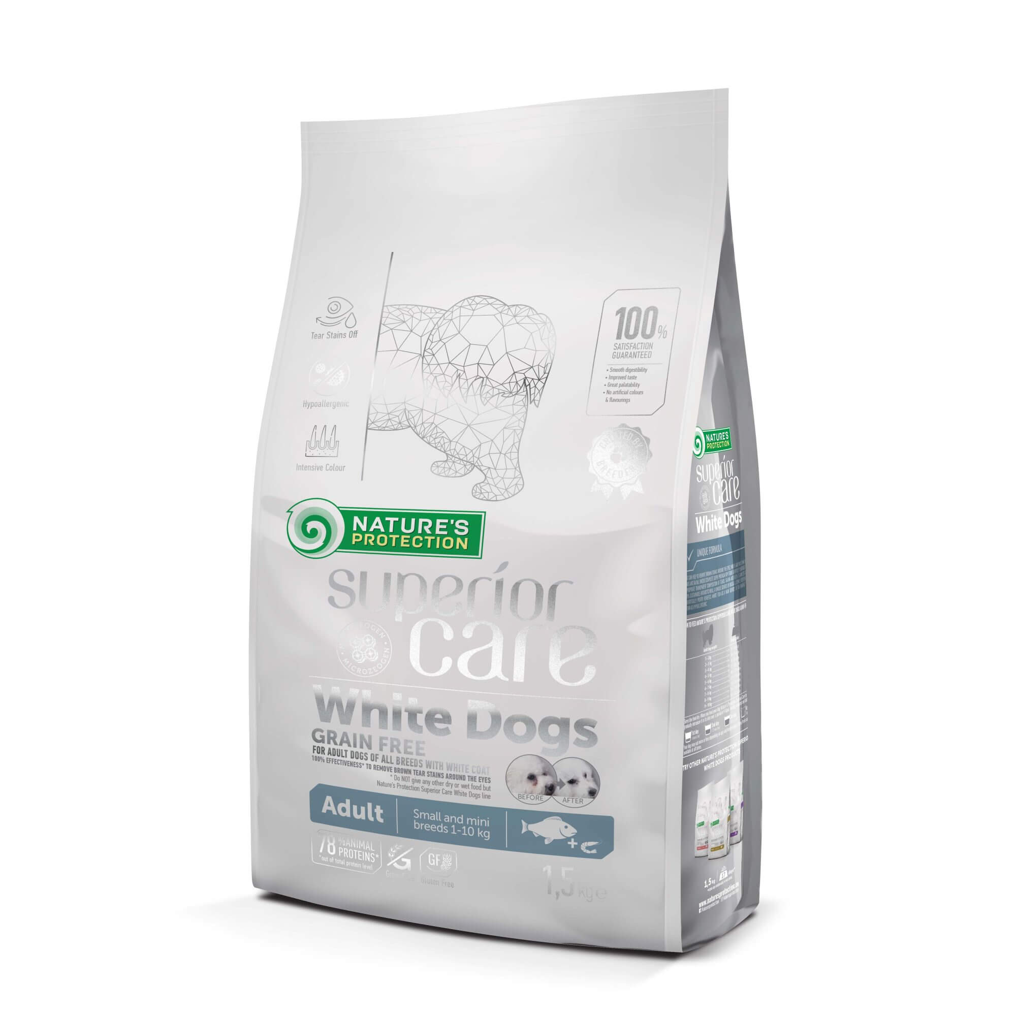 Crocchette Nature's Protection Superior Care per cani con pelo bianco, formula Grain Free con pesce bianco ipoallergenico.