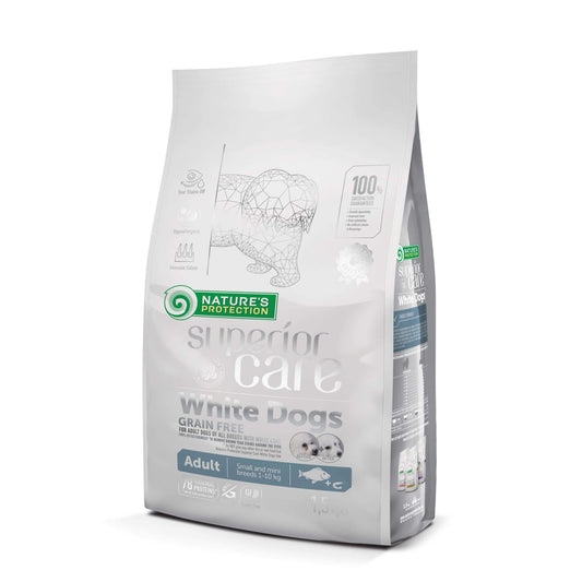 Crocchette Nature's Protection Superior Care per cani con pelo bianco, formula Grain Free con pesce bianco ipoallergenico.