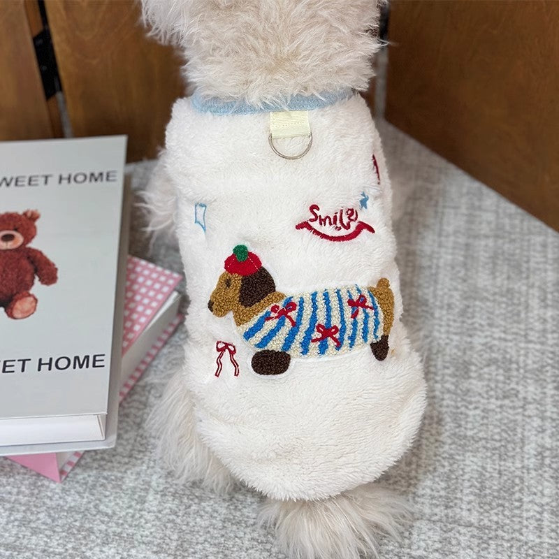 "Smile" Dog and Cat Sweatshirt with Dachshund Embroidery and Harness Ring
