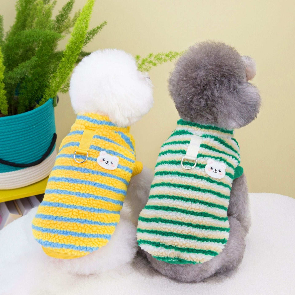 "Rainbow" Striped Dog Sweater with Harness Ring and Teddy Bear Embroidery