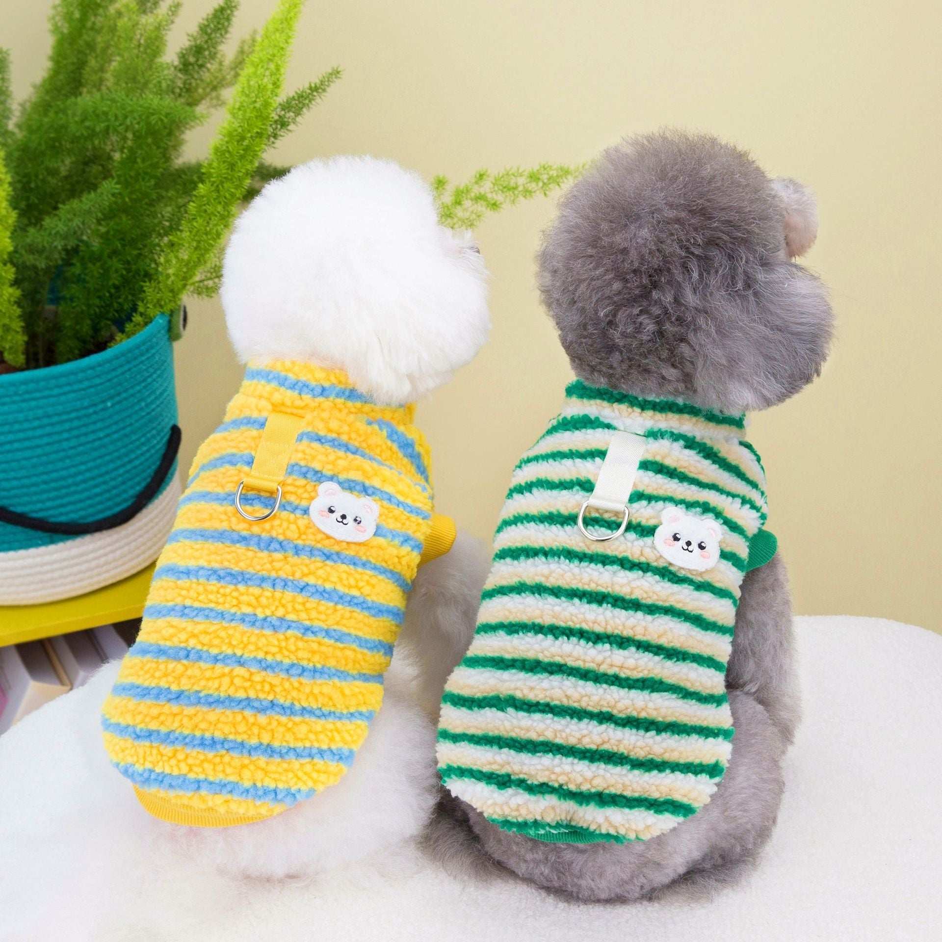 "Rainbow" Striped Dog Sweater with Harness Ring and Teddy Bear Embroidery