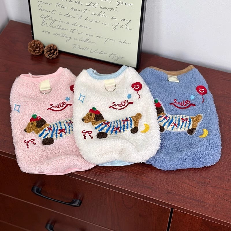 "Smile" Dog and Cat Sweatshirt with Dachshund Embroidery and Harness Ring