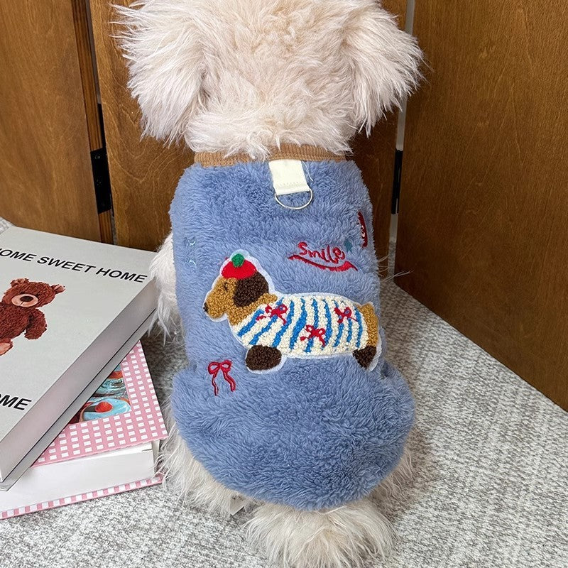 "Smile" Dog and Cat Sweatshirt with Dachshund Embroidery and Harness Ring