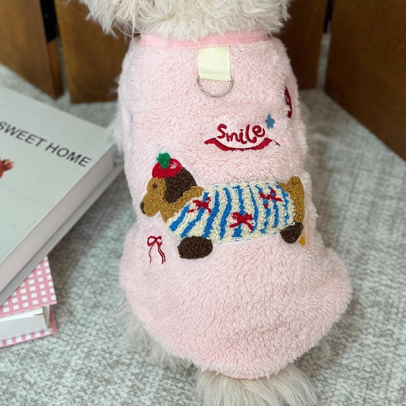 "Smile" Dog and Cat Sweatshirt with Dachshund Embroidery and Harness Ring