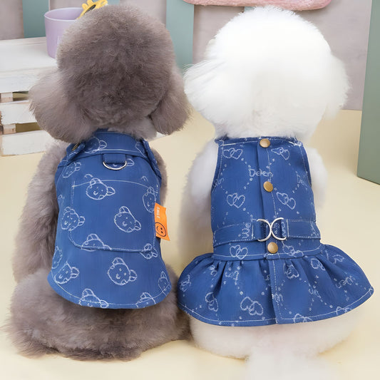 Vestito in jeans per cani con gonnellina e cuori stampati