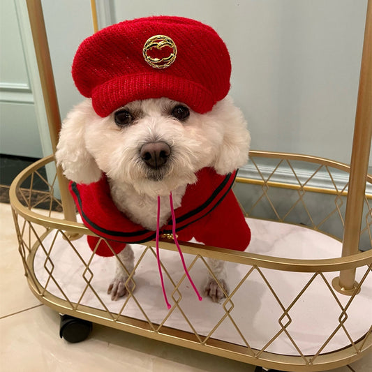 Vestito per cani rosso stile Chanel con cappellino basco coordinato.