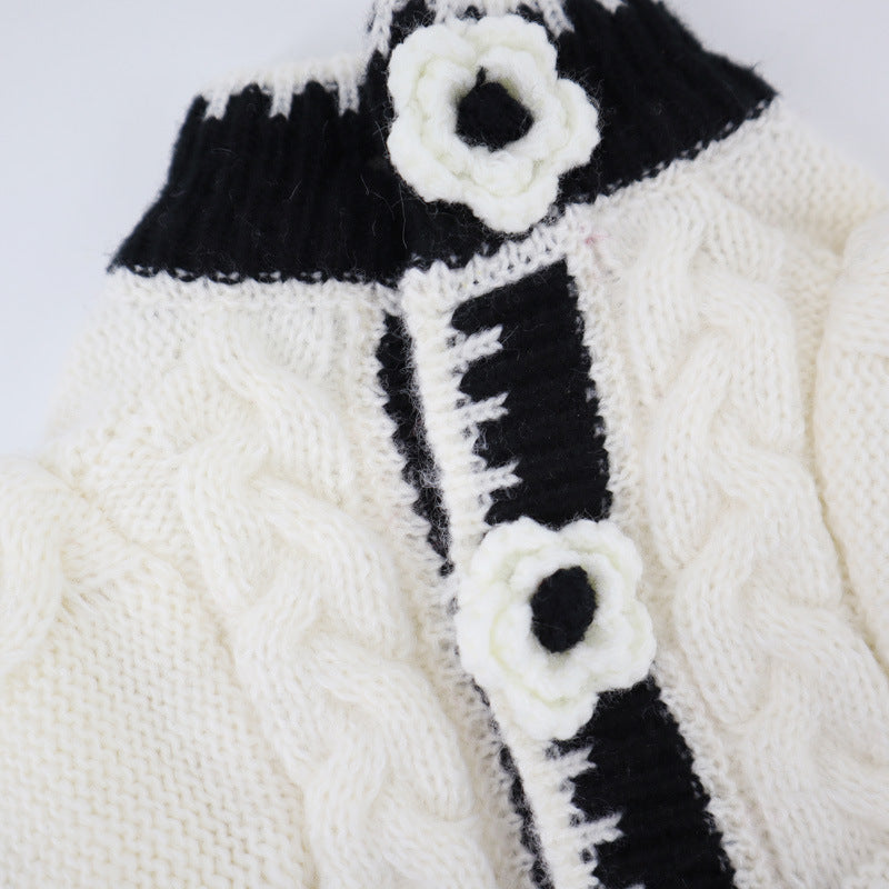 Dog Sweater with Flower Buttons – Black and White Embroidered Style