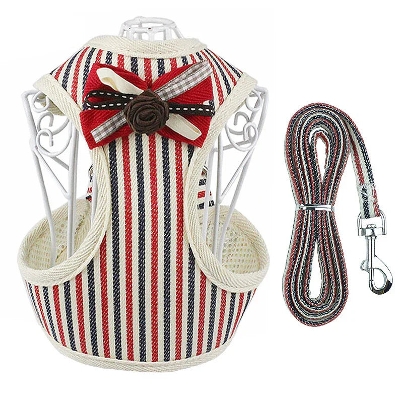 Striped Bow Dog Cat Harness - XS SML