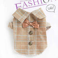 tan plaid dog shirt with bow tie and buttons on white background with purple fashion text