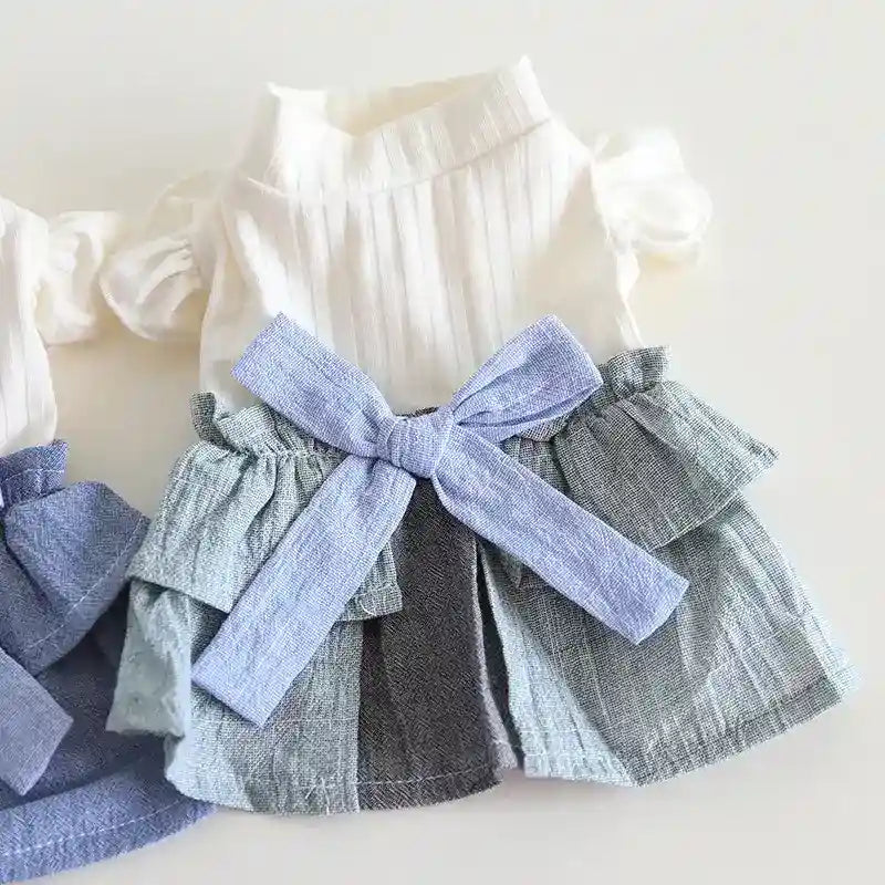 Cotton Linen Denim Blue Flounced Sleeve Skirt Pet Clothes by Dog Moda