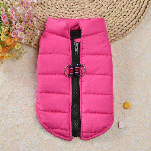 Pink padded pet jacket with black zipper and double ring leash attachment on beige floral background