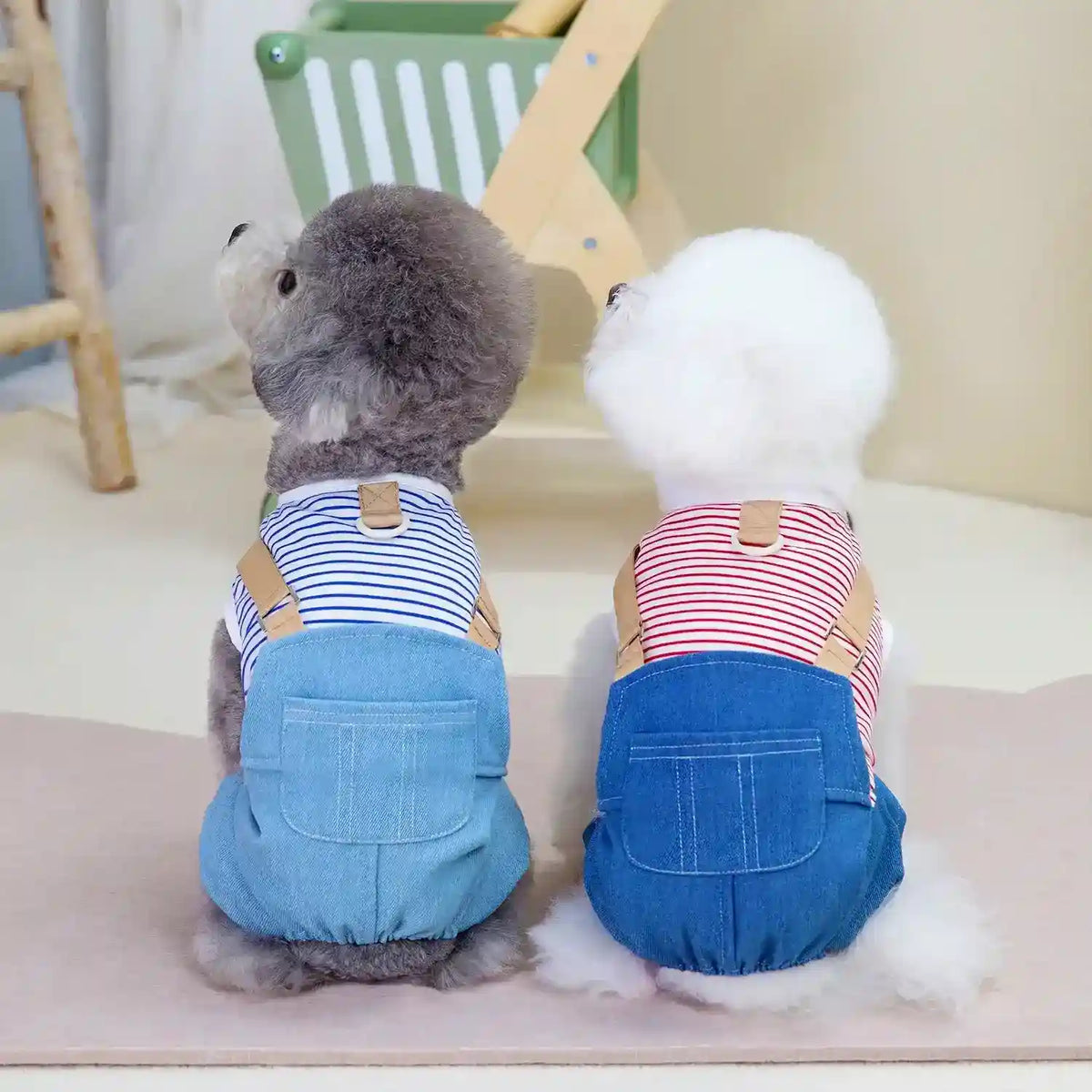 Tutina Cane con Bretelle - Maglietta Righe e Pantaloni Jeans by Dog Moda
