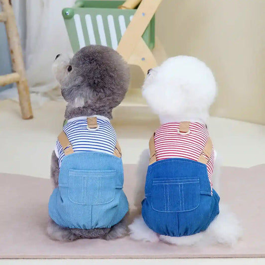 Tutina Cane con Bretelle - Maglietta Righe e Pantaloni Jeans by Dog Moda